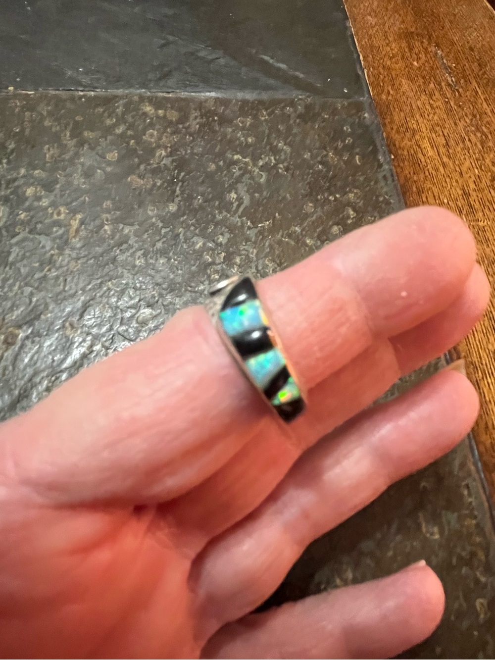 Sterling Silver Ring with Blue-Green Opal Inlay